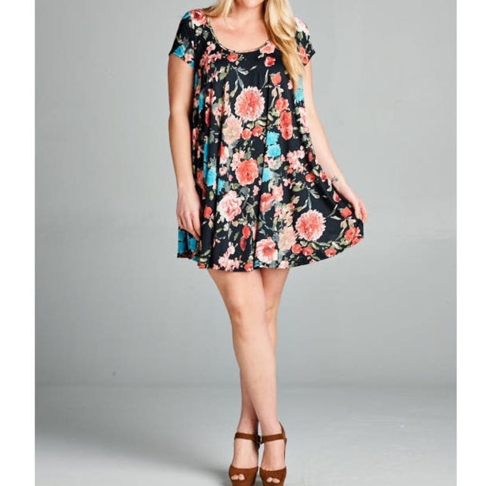 Plus Black Floral Babydoll Swing Tunic Mini Dress - Picture 4 of 6